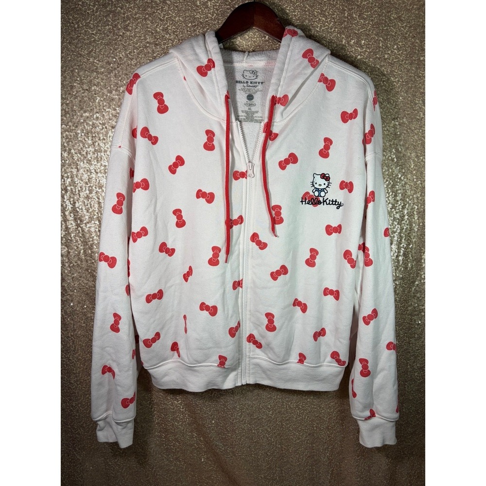 Sanrio Hello Kitty Bow All-Over Print Full Zip Hoodie Jacket Pink White XL